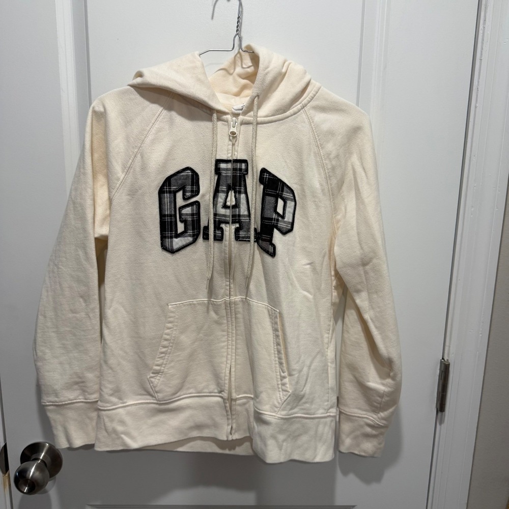 Gap Womens Hoodie Plaid Logo Applique Cream Medium